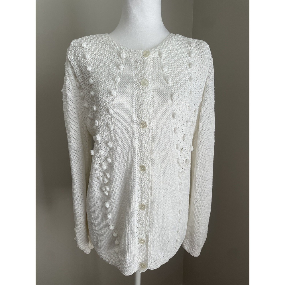 Vintage Granny Cottage Core M/L Cream Sweater Cardigan Hand Made Bobble Cotton